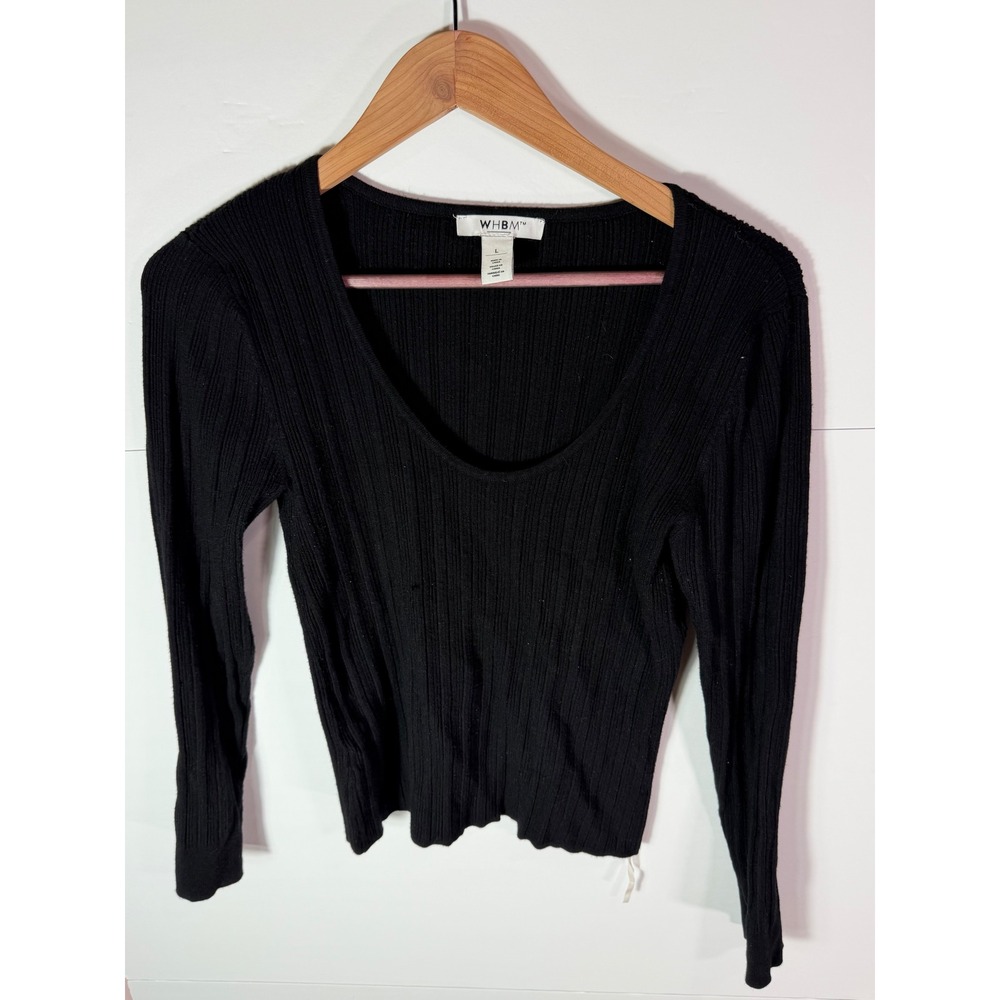 WHBM White House Black Market Black Ribbed Scoop Neck Long Sleeve Top Large